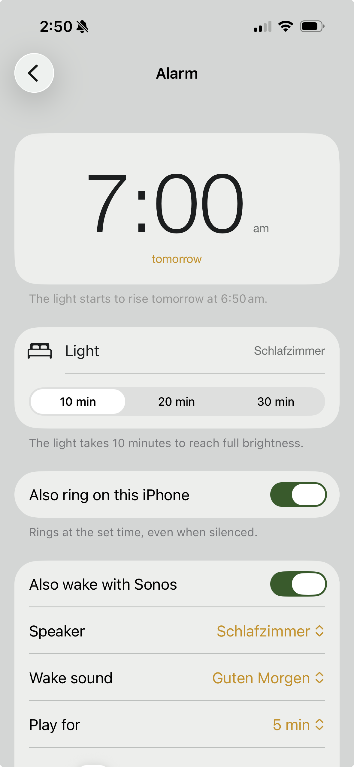 Settings for one alarm